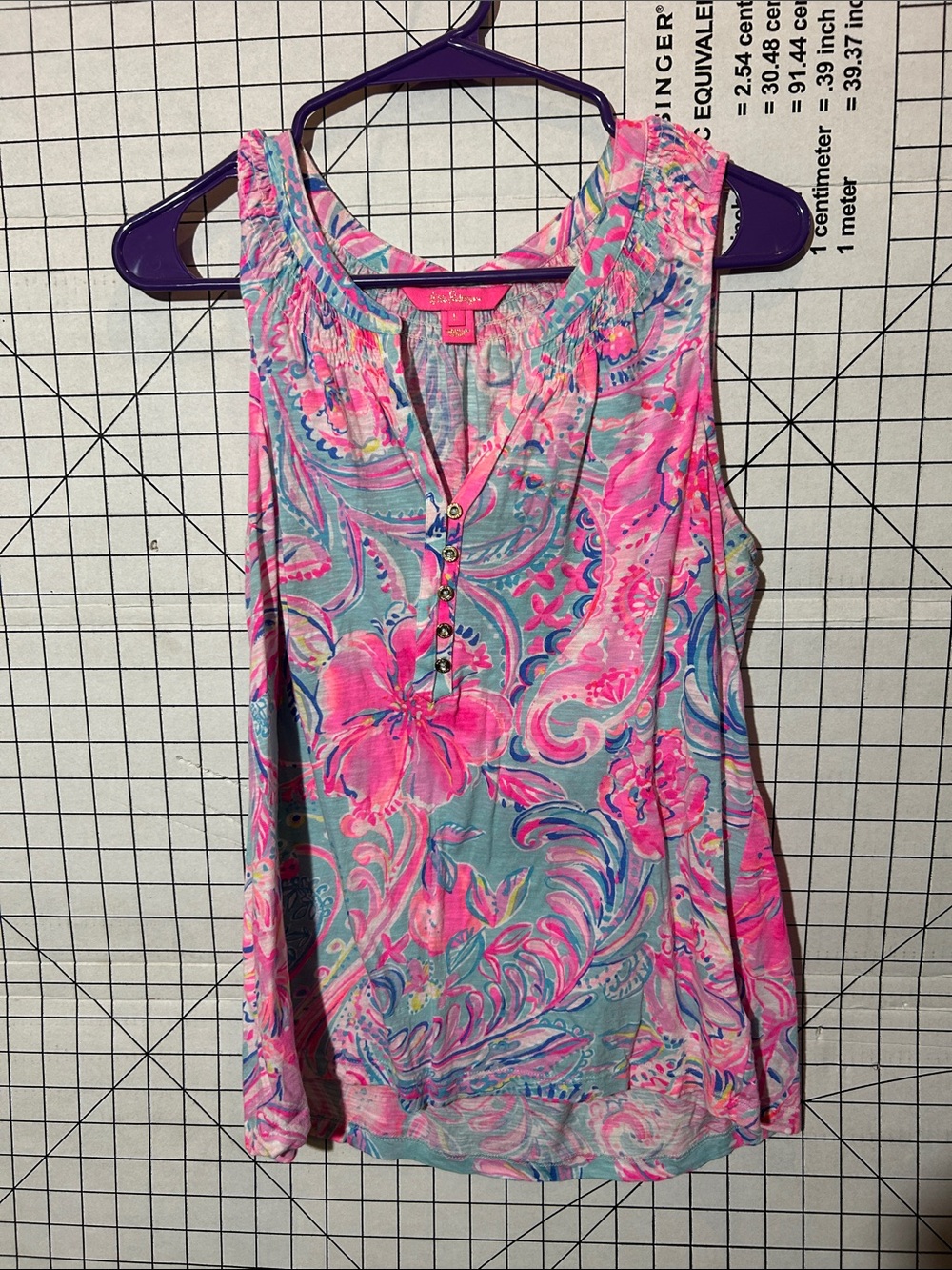 Lilly Pulitzer Pink & Aqua Floral Sleeveless Henley Tank